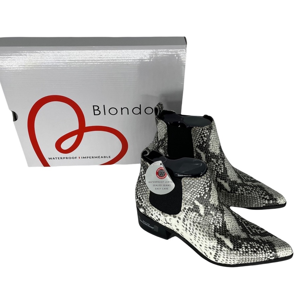 BLONDO NWT EMELIA WATERPROOF CHELSEA BOOTIES BLACK WHITE SNAKE PRINT LEA 7.5 8